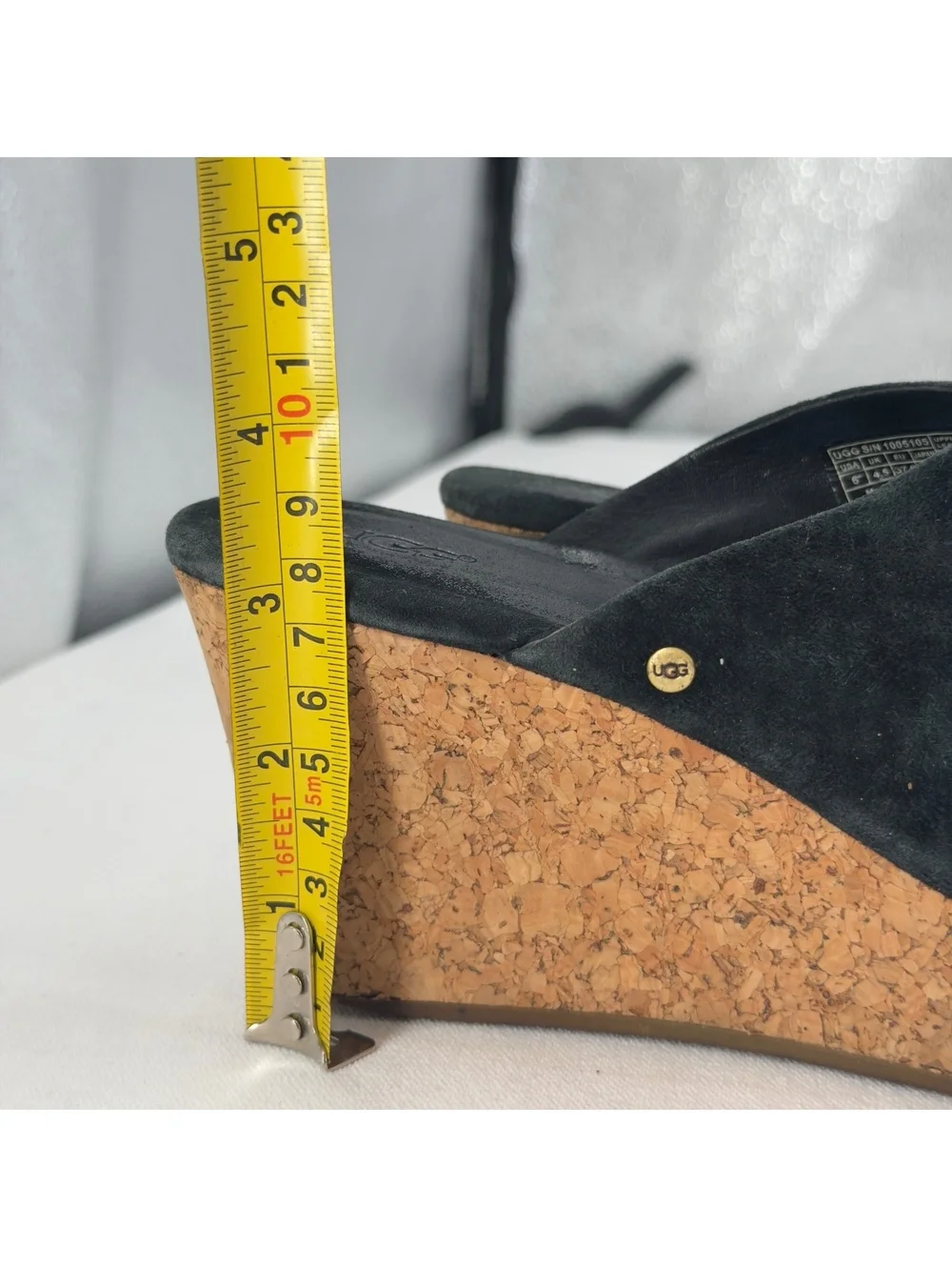 UGG Dominique Leather Slides Sandals 6 Wedge Suede Cork Peep-Toe Platform Black